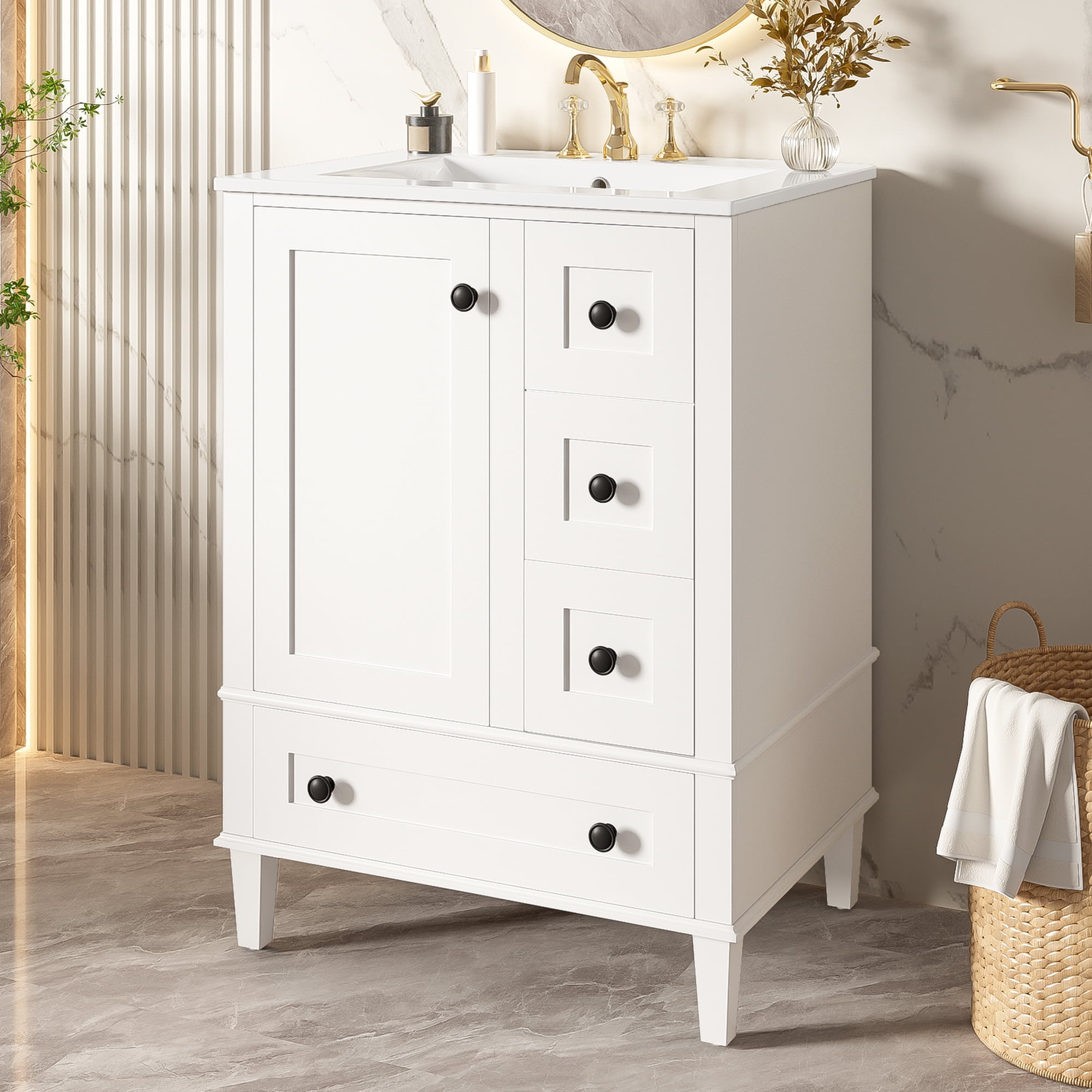 Euroco 24-inch white bathroom vanity with an integrated ceramic basin, featuring a door-mounted double-layer shelf, soft-close drawers, and a soft-close cabinet door