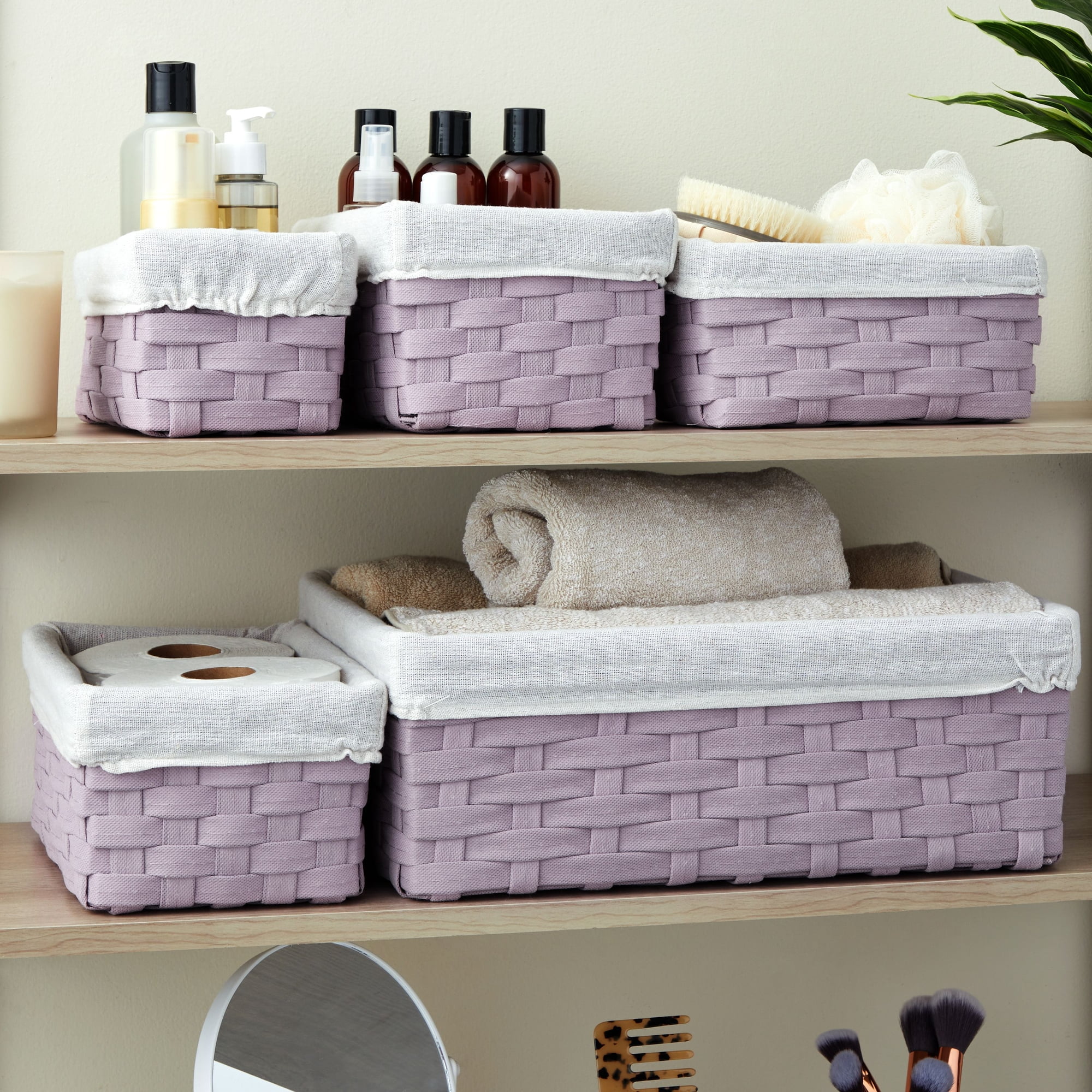 Set of 5 Brown Woven Storage Nesting Baskets for Closet Organization,  Bathroom Shelves, Pantry, Vanity, Bathroom, Small, Rectangular, 3 Sizes