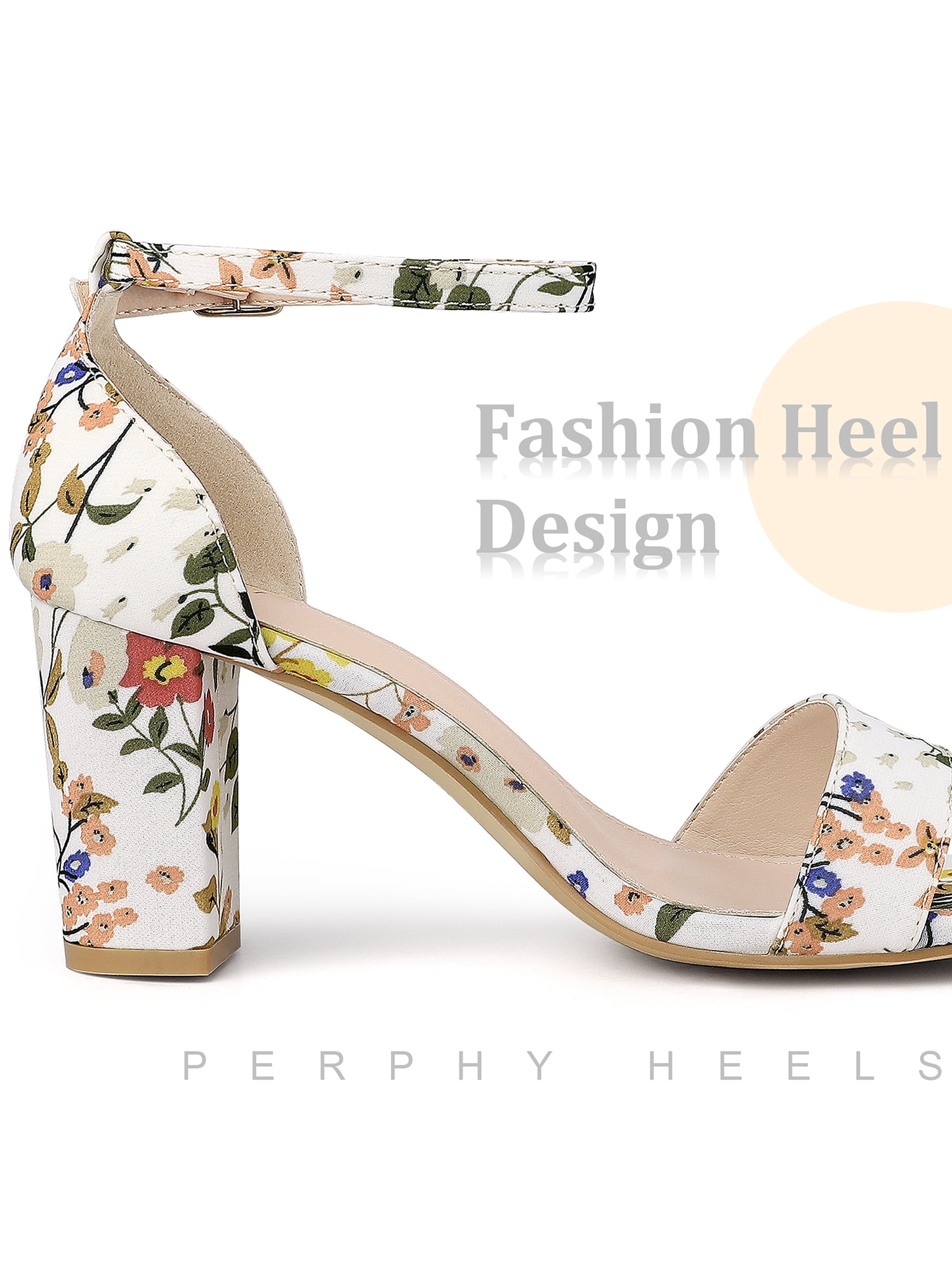 DARING DIVA Women's Floral Open Toe Ankle Strap Chunky Heel Sandals White 7