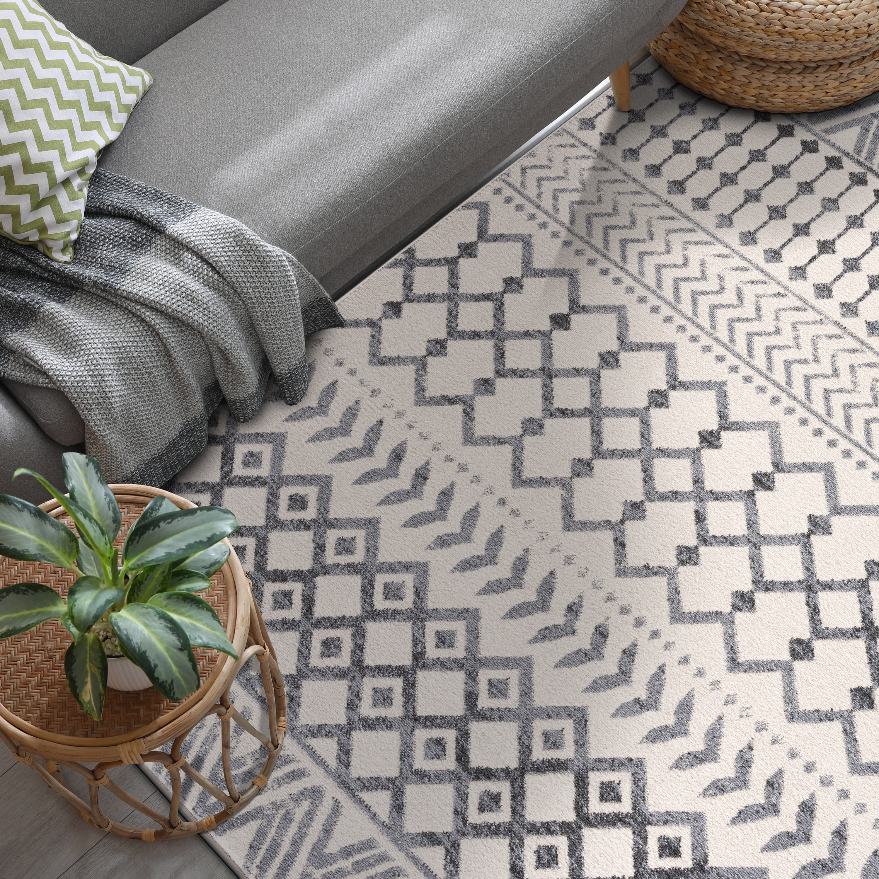 CAMILSON Crystal Grey Area Rug 5'x7' Oval Boho for Living Room Bedroom Dining Room Grey / Cream Indoor Area Rugs