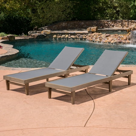 Annalee Outdoor Mesh and Wood Chaise Lounge Set of 2 Grey Dark Grey