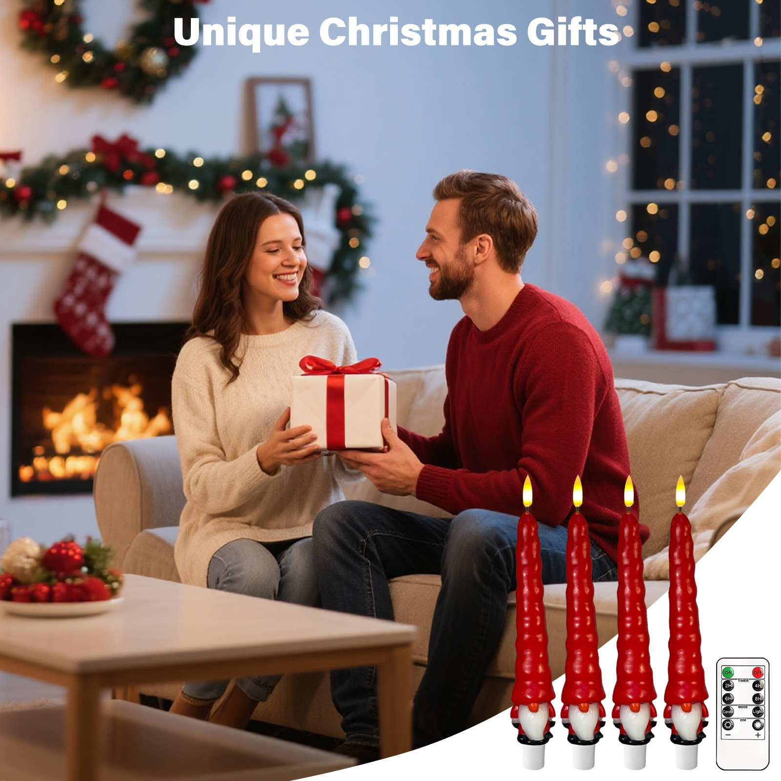 Christmas Flameless Candles, Flickering Santa Claus Taper Candles with Remote & Timer, Dimmable LED Candles Battery Operated, Real Wax Electric Candle Sticks for Tabletop Fireplace Christmas Decor