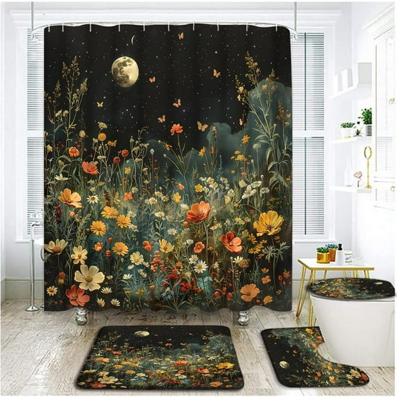 4 PCS Boho Floral Moon Shower Curtain Set with Rugs, Toilet Lid Cover ,Moonlit Wildflower Butterfly Black Starry Night Plant Gothic Botanical Garden Nature Scenery Bathroom Shower Curtain with Hooks