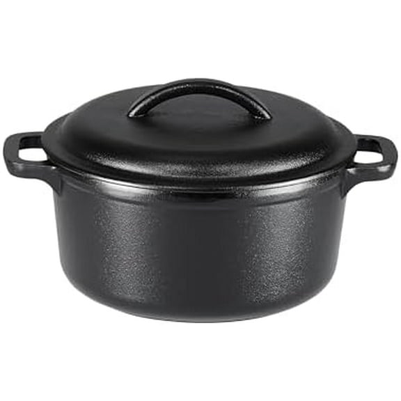 Basics Pre-Seasoned Cast Iron Mini Dutch Oven Pot with Lid and Dual Handles, Oven Safe, 2-Quart, Round, Black