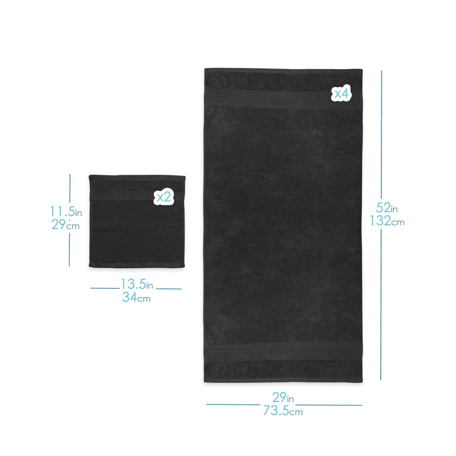 Clara Clark Bath Towels Set, 100% Cotton Luxury Soft Set of 12 Multipurpose Wash Cloths, Black