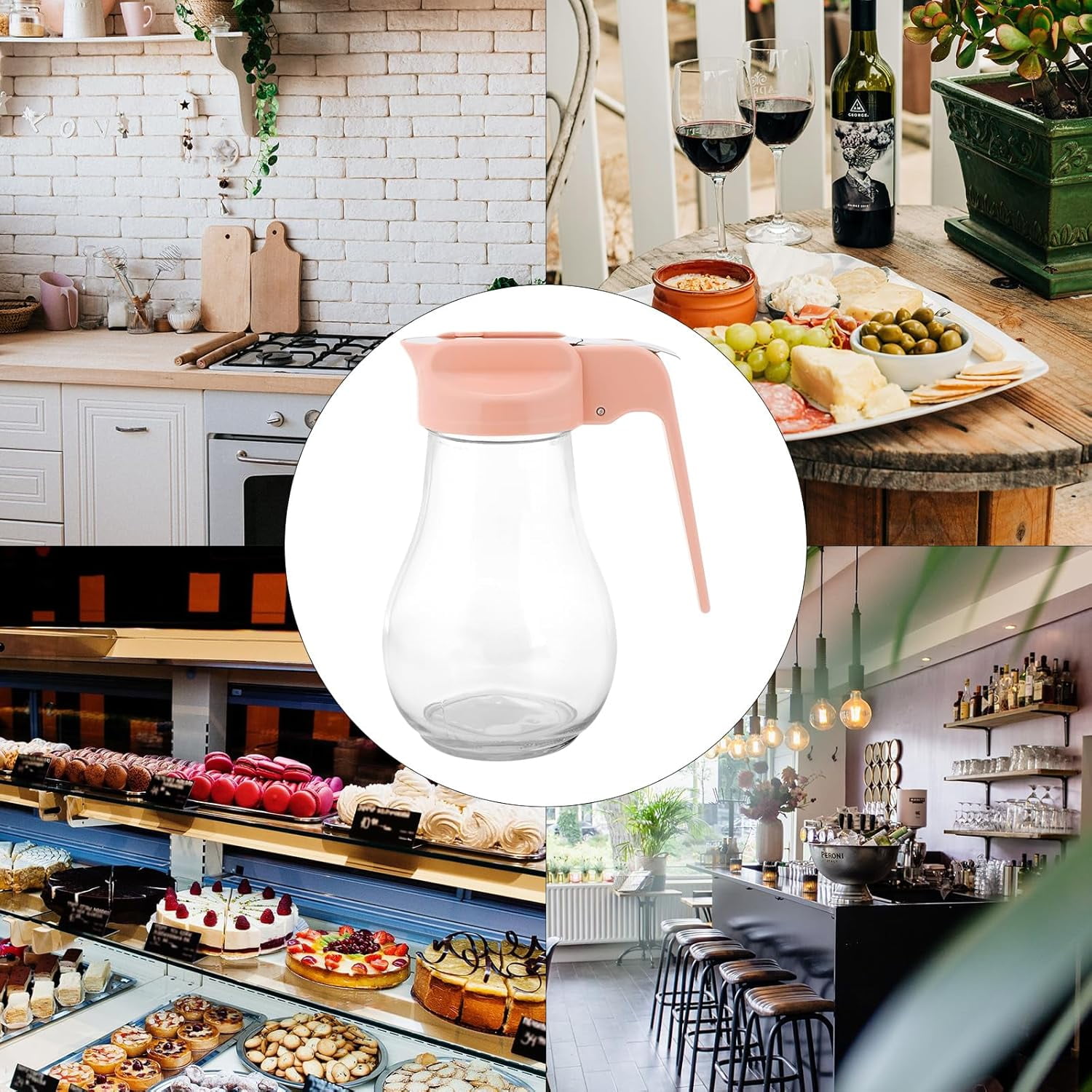 CATPAN 13.5 Oz Syrup Dispenser, No-Drip Pourers for Maple Syrup, Oil Dispenser Bottle with Non-Slip Handle, Honey Jar & Sirop Container, Reusable Syrup Bottle for Kitchen (Pink)