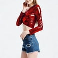 thumbnail image 4 of Hauts Métalliques pour Femmes 2026 Tendance Manches Longues Col en V T-Shirt Court Ajusté Y2K Sortie Tenues Rave, 4 of 5