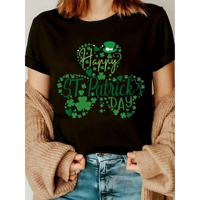 Women's St. Patrick's Day White T-Shirt - Casual Round Neck, Clover Print, Lightweight Polyester Blend, Machine Washable, Spring Summer Tee|Cheerful Design|Knit Tshirt