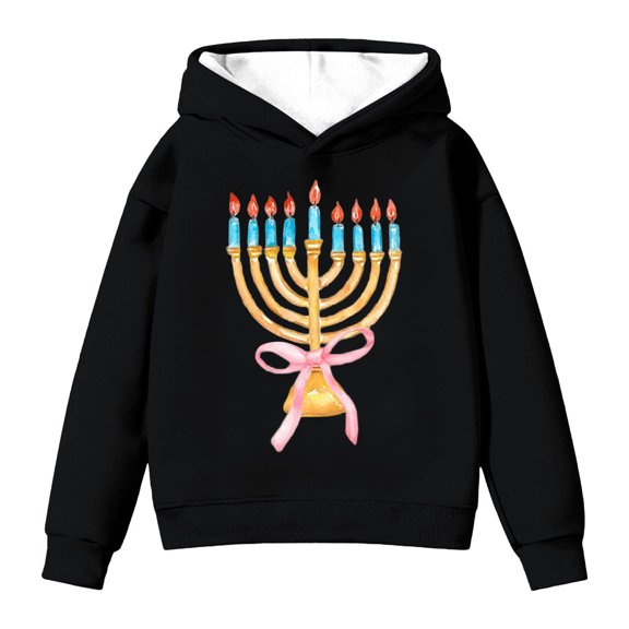 Ulitacool Girls Spring Sweatshirts Round Neck Letter Prints Hanukkah Menorah Hooded Sweatshirt Pullover Kids Hoodie Shirt Long Sleeve Blouse Leisure Wear Black 2-3 Years