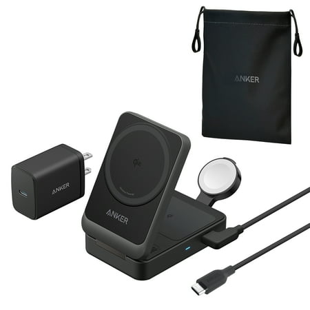 Anker MagGo 3 in 1 iPhone 16 Charging Station, MagSafe-Compatible Wireless Charger Stand, Qi2 Certified 15W Foldable Charger for iPhone 15, AirPods, Apple Watch 9 (Not a Power Bank, Adapter Included)