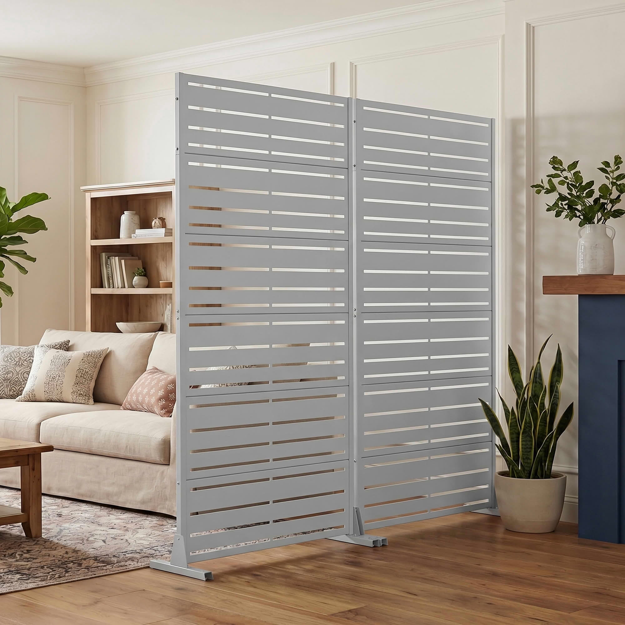MAYEERTY 2-Piece 72"x35" Privacy Screen, Gray 6-Panel Galvanized Steel Louvered Fence, Wide-1 Narrow-2, Freestanding for Patio Backyard