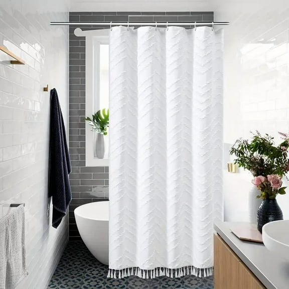 " White Tassel Woven Fabric Shower Curtain, 36x72 inches, Striped Texture, Modern Style, Minimalist Bathroom."