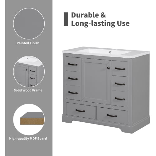 36-inch Bathroom Vanity with Sink, Modern Vanity with 6 Drawers & Adjustable Shelf, Freestanding Storage Cabinet with Drawer Divider, Grey