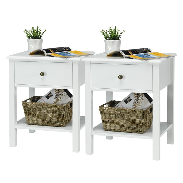 Costway 2 Pcs Table d'Extrémité Table de Nuit Rangement Présentation Tiroir Étagère Table de Chevet Blanc