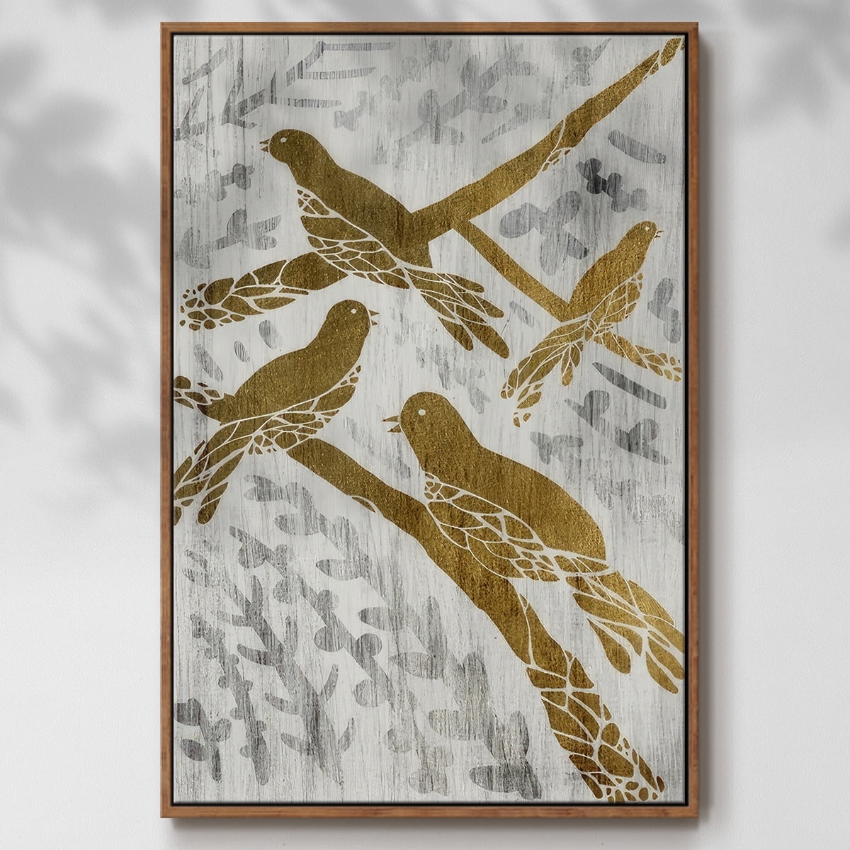 Four Calling Birds - Gold Leaf Holiday - Framed Gallery Wrapped Holiday Canvas - 27 x 41 - Rosewood Frame