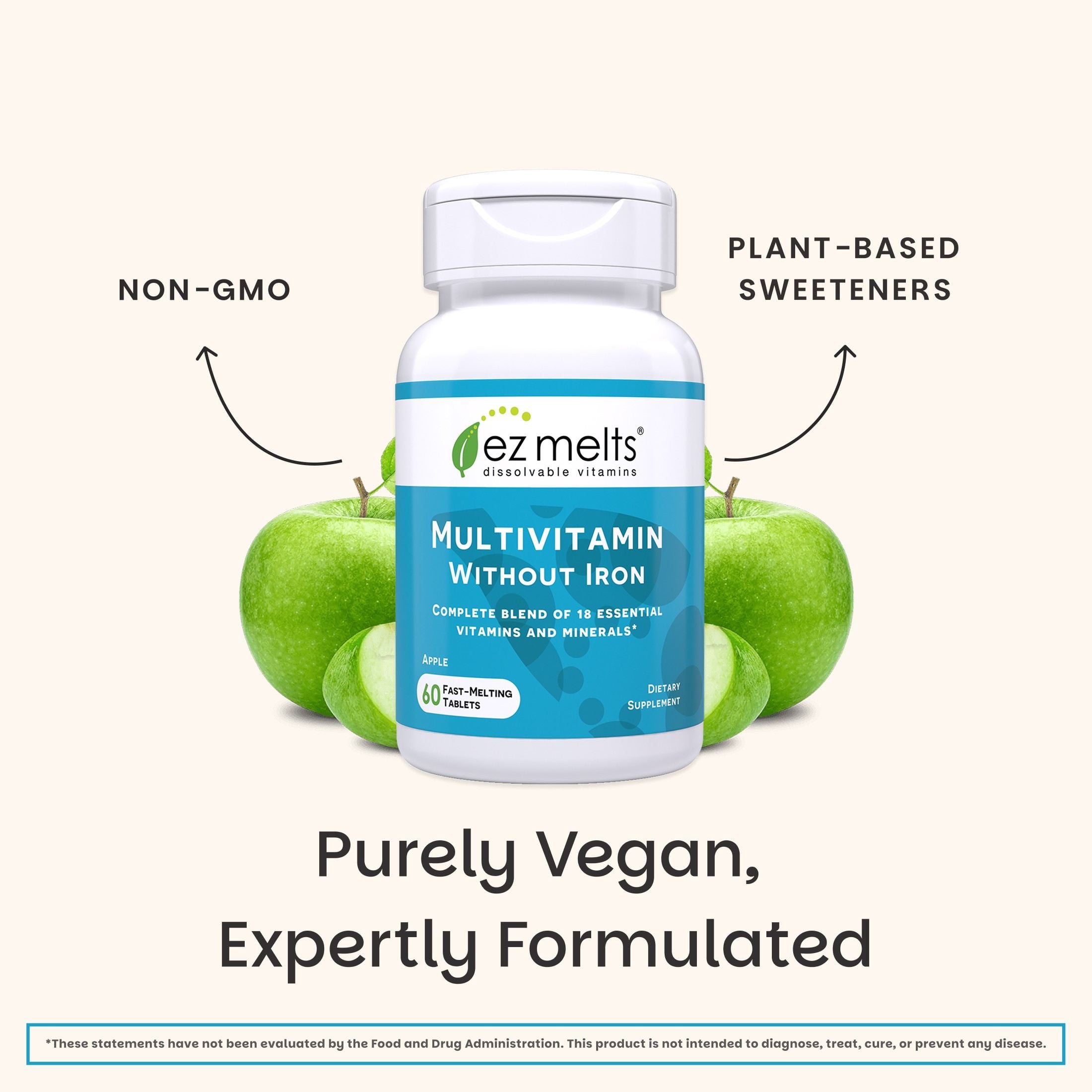 EZ Melts Multivitamin Without Iron - Daily Supplement with 18 Vitamins & Minerals - Contains Vitamin C, Folate, Biotin & More - Non-GMO & Vegan - Apple - 60 Dissolvable Tablets (30 Servings)
