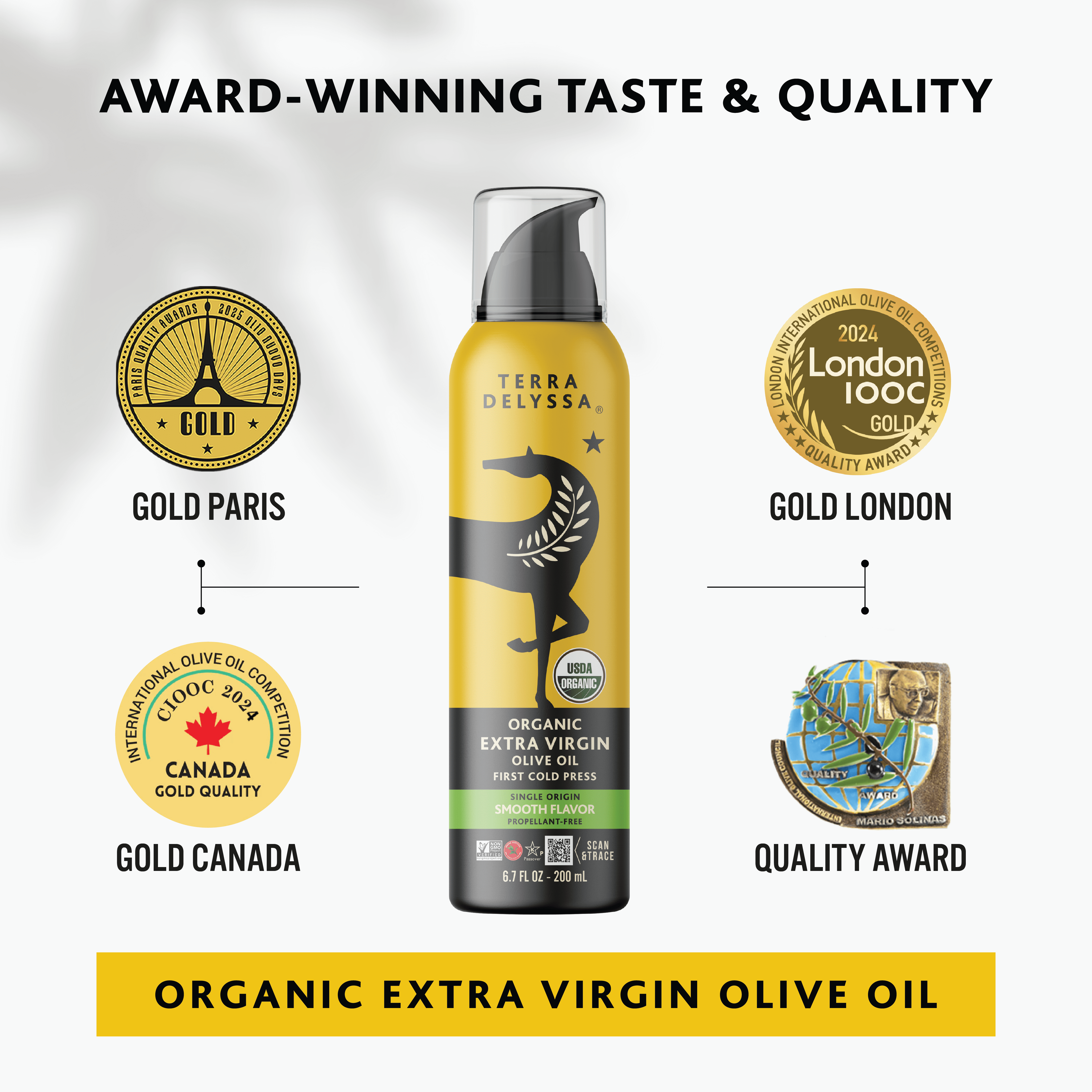 Terra Delyssa Organic Extra Virgin Olive Oil Spray Smooth Flavor First Cold Pressed Single Origin Fully Traceable Award Winning