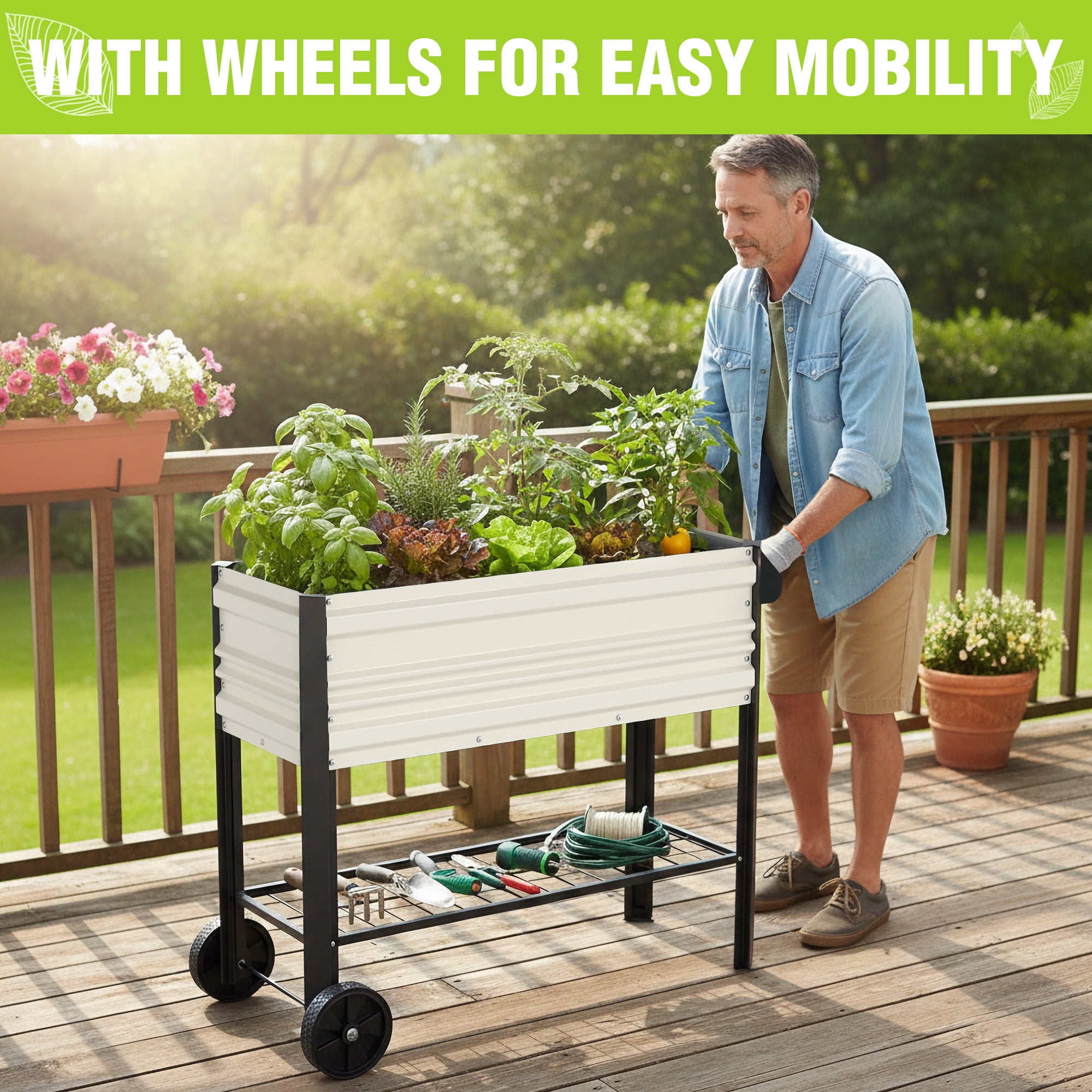 WORKPRO 37in Outdoor Galvanized Raised Garden Bed with Legs and Wheels -White