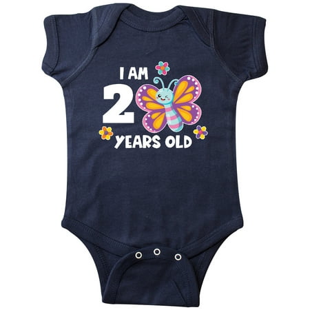 

Inktastic I am 2 Years Old Cute Smiling Butterfly with Flowers Gift Baby Girl Bodysuit
