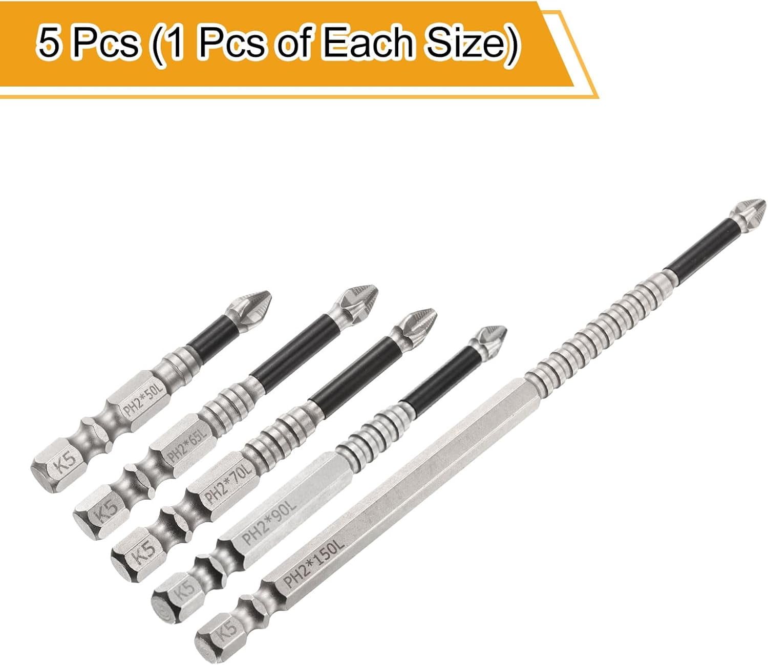 FRKSMD-5pcs Impact Phillips Screwdriver Bit Set PH2 (#2) Anti Slip Tip 1/4" Hex Shank 2"/2.6"/2.8"/3.5"/6" (50mm/65mm/70mm/90mm/150mm) Long Magnetic Cross Screw Driver Drill Bits