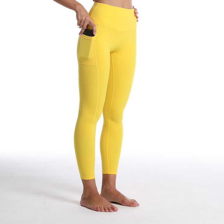 Efsteb Yoga Pants Women High Waist Workout Leggings with Pockets Fitness  Athletic Fashion Casual Solid Leggings Sports Nine-Point Yoga Pants Yellow L