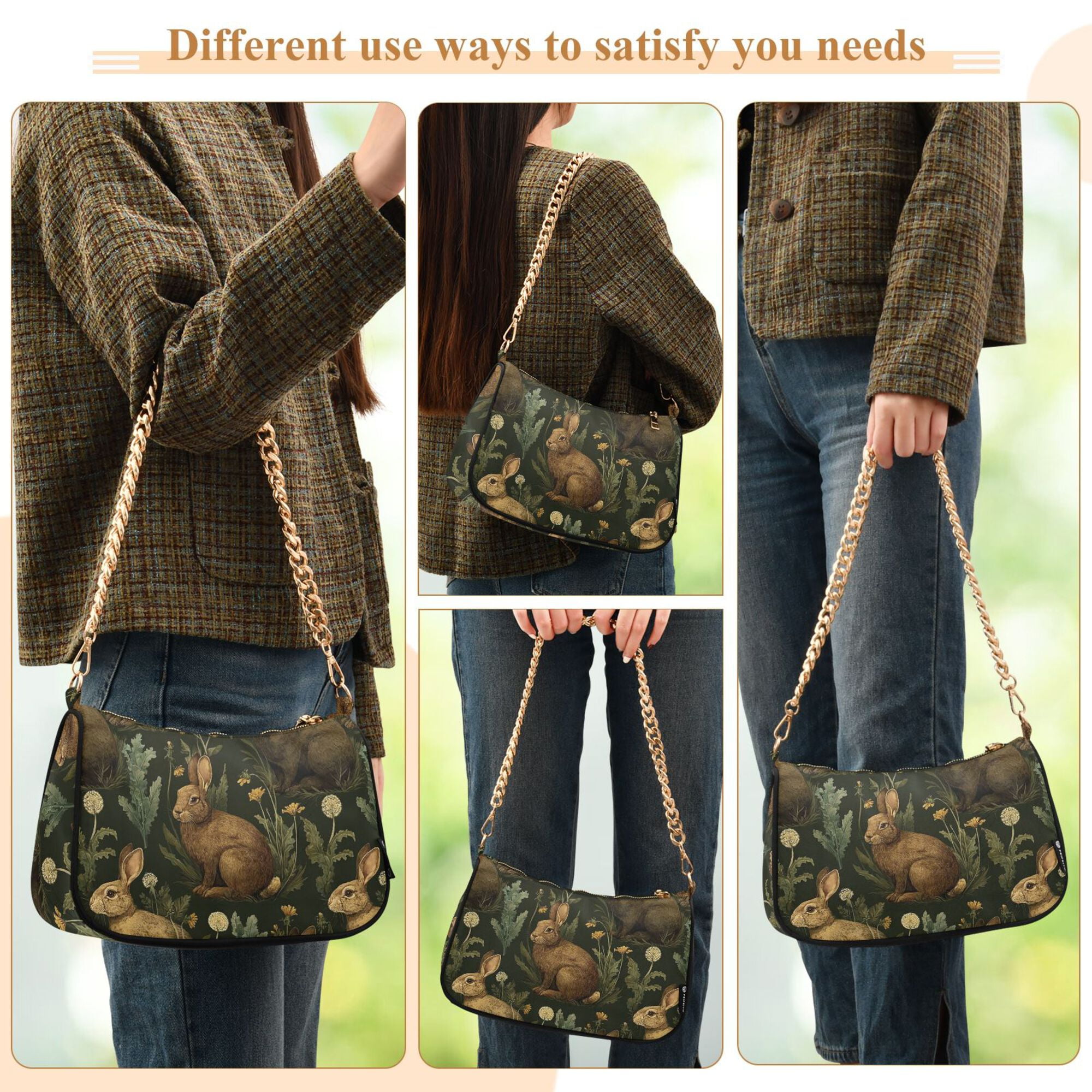 FORMRS Womens Shoulder Bag with Chain Strap Clutch Purse Cute Tote Handbag, Brown Floral Rabbits Pattern