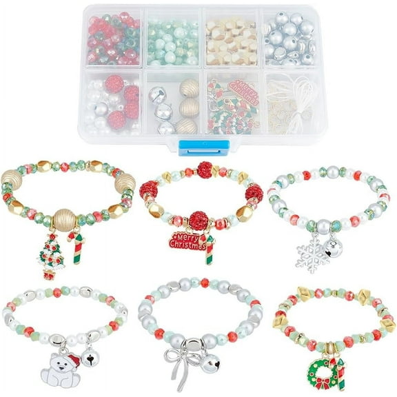 1 Box 275Pcs DIY 6 Set Christmas Bracelet Making Kit Christmas Bracelets Bulk Winter Snow Christmas Tree Charms Glass Beads for Jewelry Making Kits Beginners Adults Women DIY Gift Craft Colorful DIY
