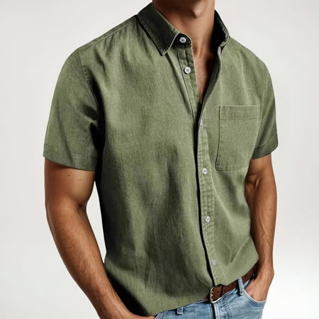 Gyexs Short Sleeve Dress Shirts for Men Green Textured Cotton Shirts Textured Regular Tees Shirt Outerwear Men Apparel Size XXXL