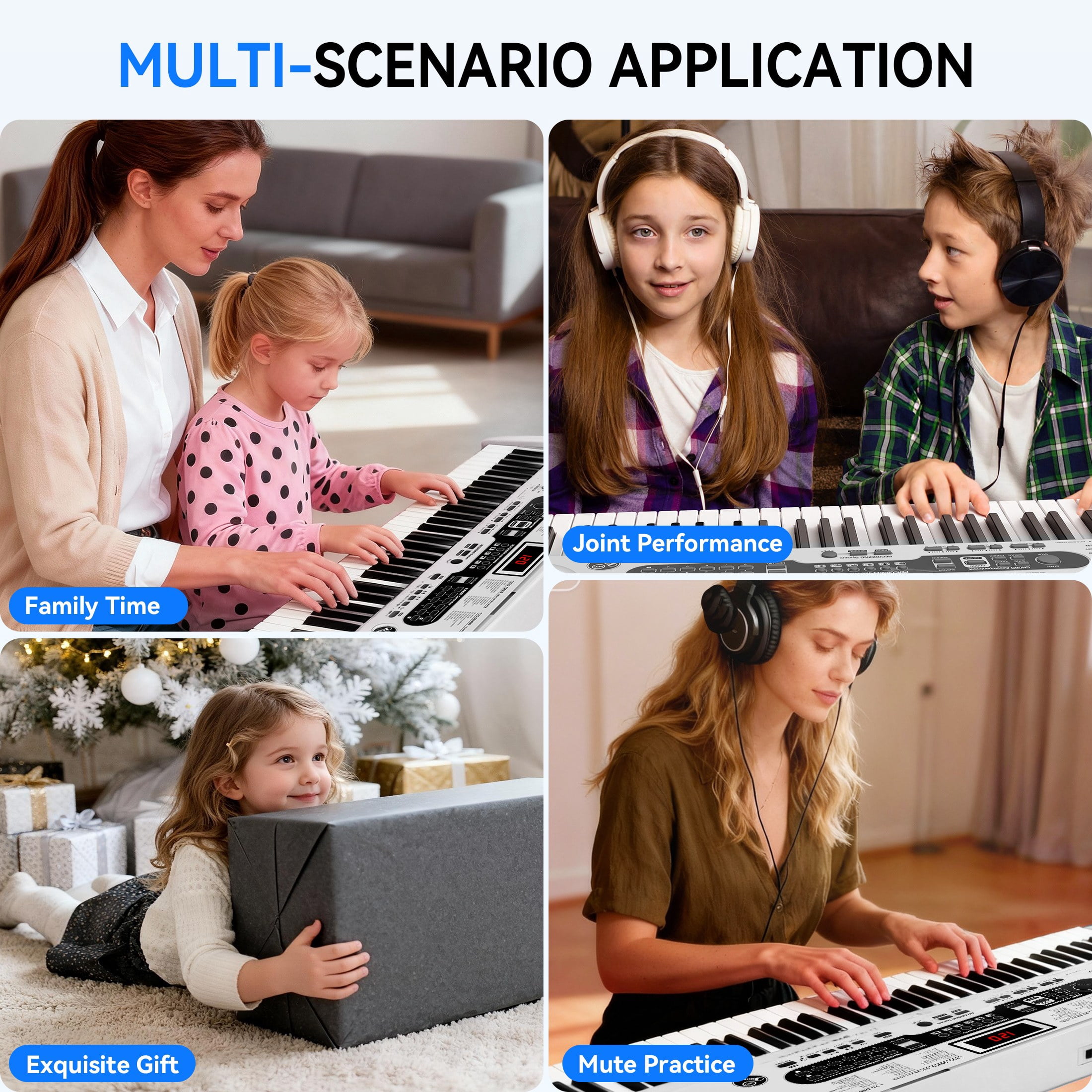Fenbeli 61-Key Piano Keyboard with Lighted Keys, Stand, Bench, Microphone, Headphone, Electronic Keyboard Piano Set, White