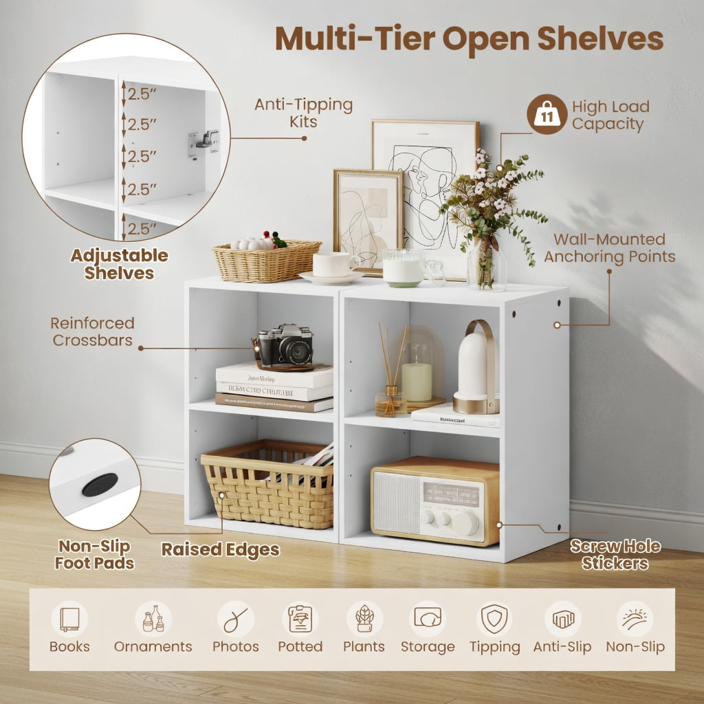 Topcobe 2-Cube Bookcase Floor Standing Open Bookshelf with 5-Position Adjustable Shelf, Corner Bookshelf, Storage Shelf, Book Organizer-White