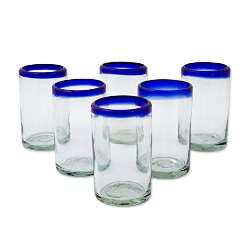 2 oz NOVICA Artisan Crafted Hand Blown Clear Blue Rim Recycled Glass Shot Glasses Tequila Blues set of 6 