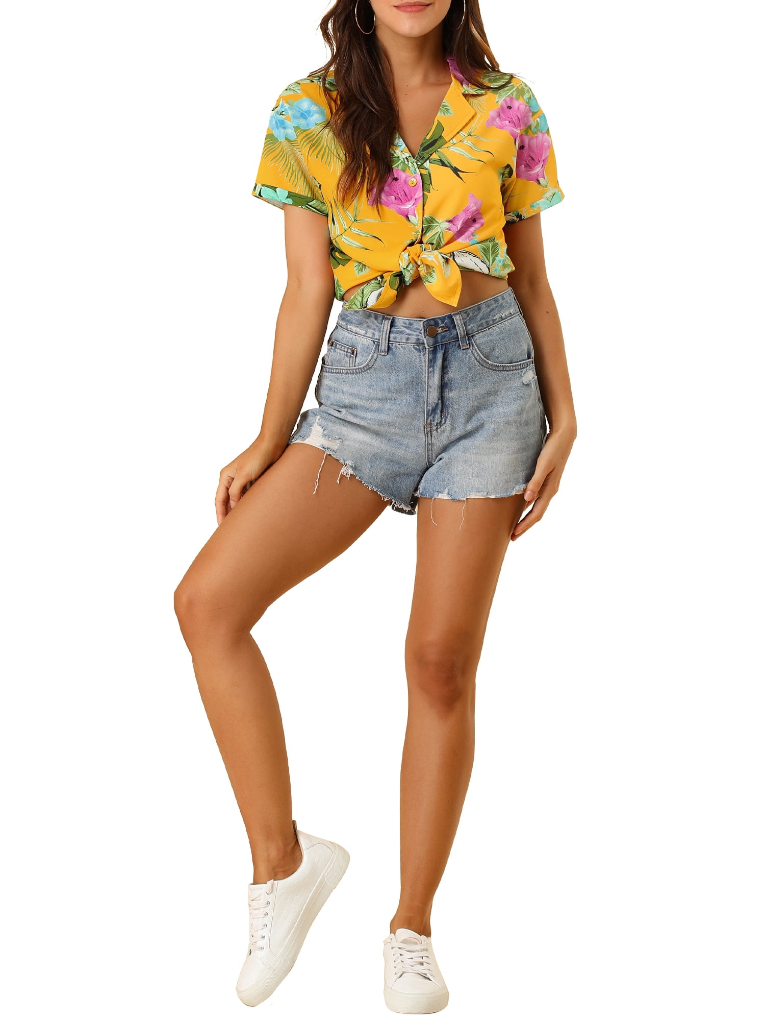DARING DIVA Floral Leaves Print Short Sleeve Beach Top M Yellow