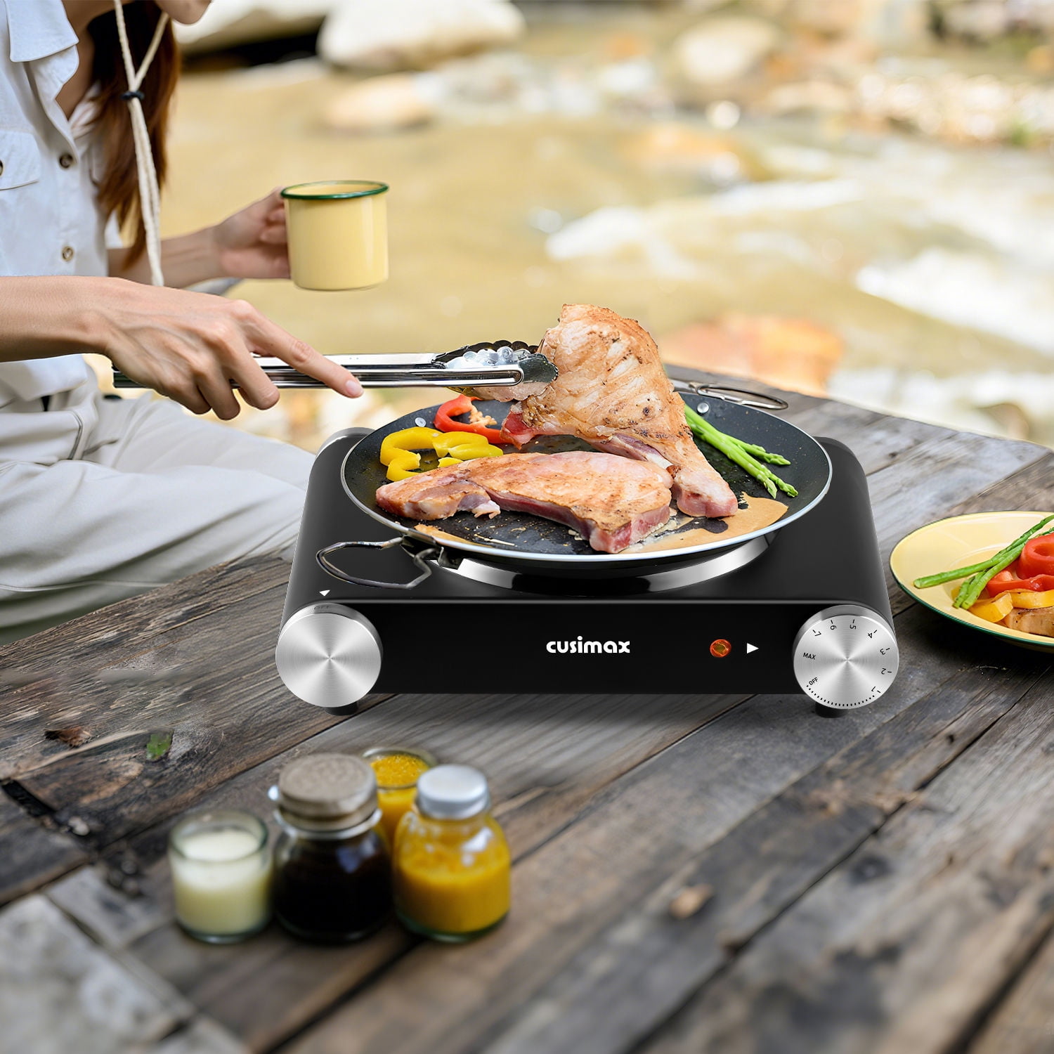 Cusimax 1500W Electric Hot Plate for Cooking Portable Single Burner Heat-up in Seconds Adjustable Temperature Control Stainless Steel Black