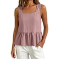 thumbnail image 3 of Helii Women's Square Neck Ruffle Hem Linen Tank Top – 20% Linen 80% Cotton Babydoll Crop Top, Loose Fit Breathable Summer Vest, Casual Sleeveless Top for Women Pink,M, 3 of 7