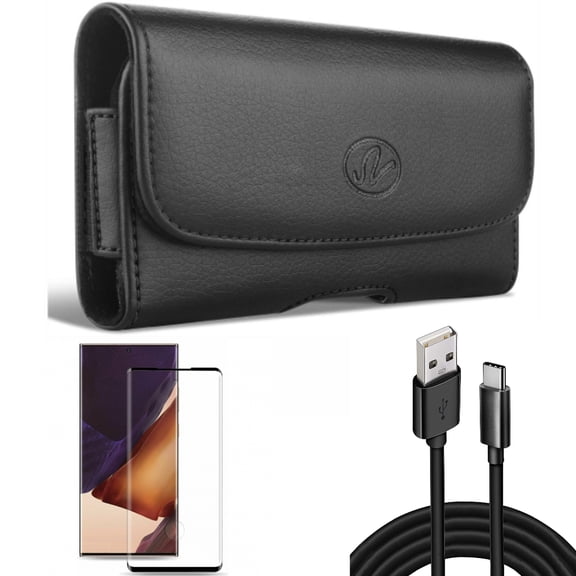 10ft USB Cable & Screen Protector & Case Belt Clip for Samsung Galaxy Note 20 Ultra (6.9") - Combo with Type-C Charger Cord & Tempered Glass (Fingerprint Unlock) & Leather Swivel