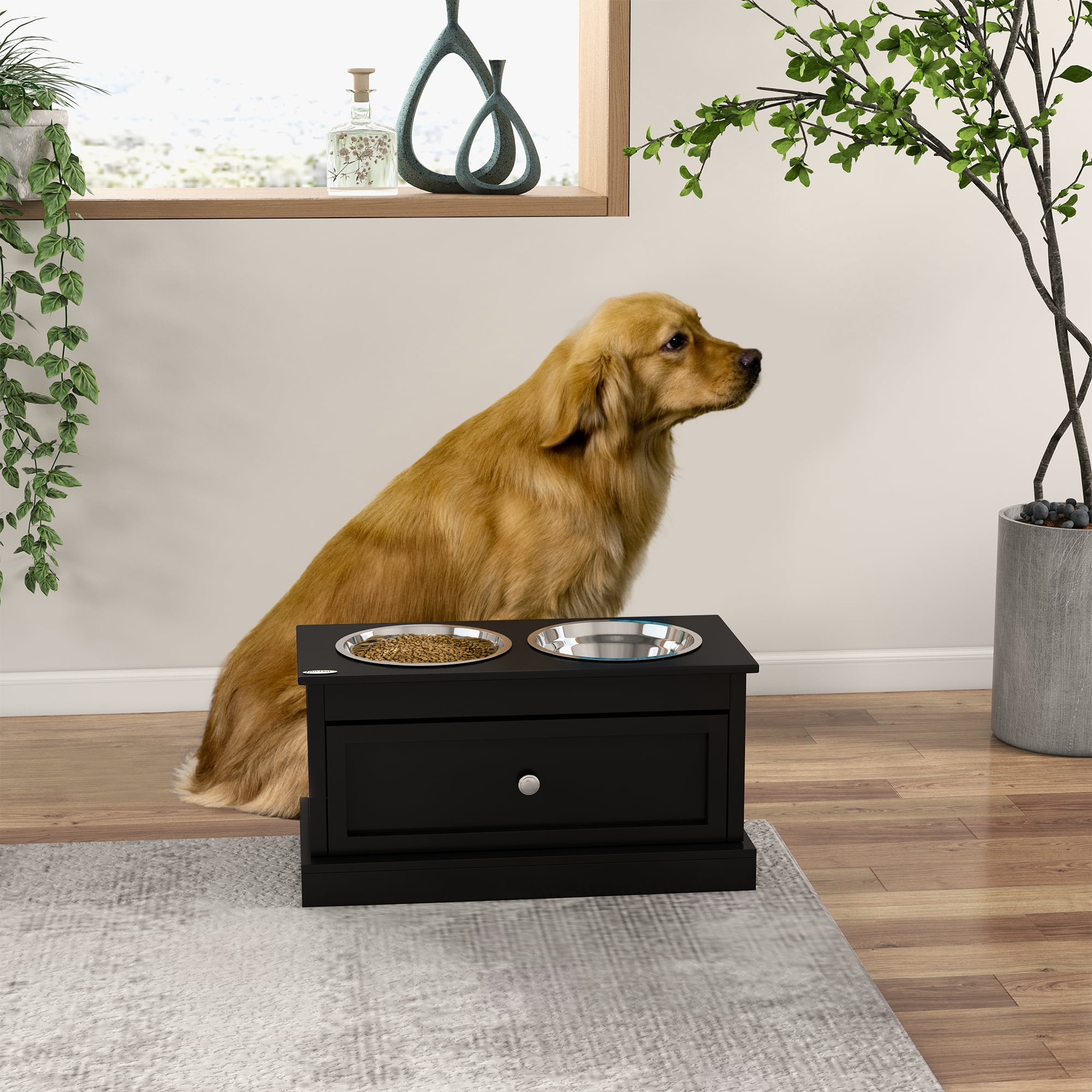 Large Elevated Dog Bowls with Storage Drawer Containing 11L Capacity, Raised Dog Bowl Stand Pet Food Bowl Dog Feeding Station, Black