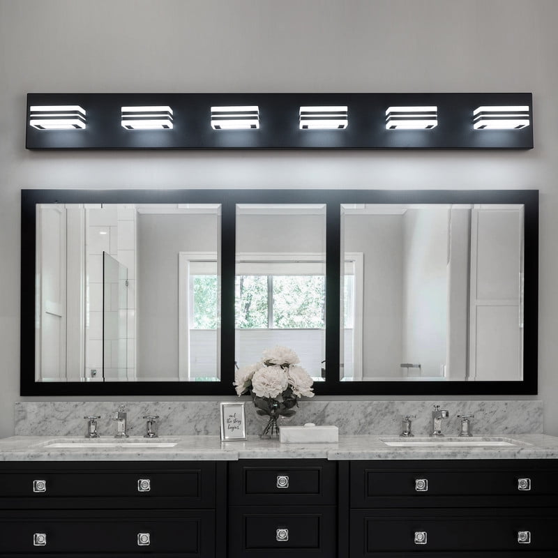 39" Modern Black 6-Light LED Vanity Light with Square Acrylic Shades, Hardwired Wall Mount Bathroom Lighting Fixture for Mirror, Powder Room, or Bedroom Décor