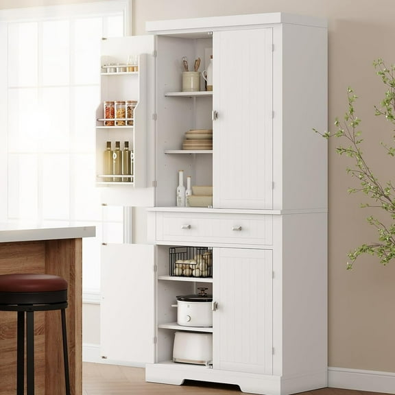 Kitchen Pantry Cabinet, Freestanding Tall Storage Cabinet with 6 Door Shelves, 2 Cabinets 4 Adjustable Shelves and 1 Drawer, 72" Pantry Cabinet for Kitchen, Living Room, Dining Room