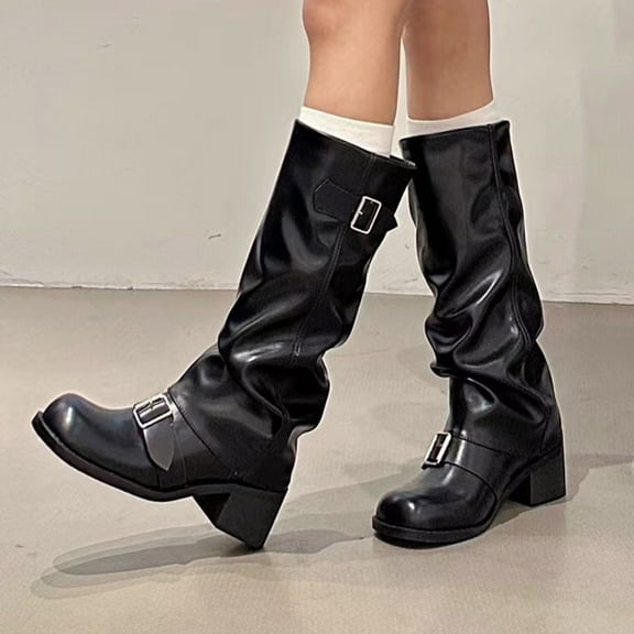 Bnwani Women Boots Footwear Winter Fashion Toe Low-Heel Thick Chunky High Knee-High Casual Solid Boot Black Size 5