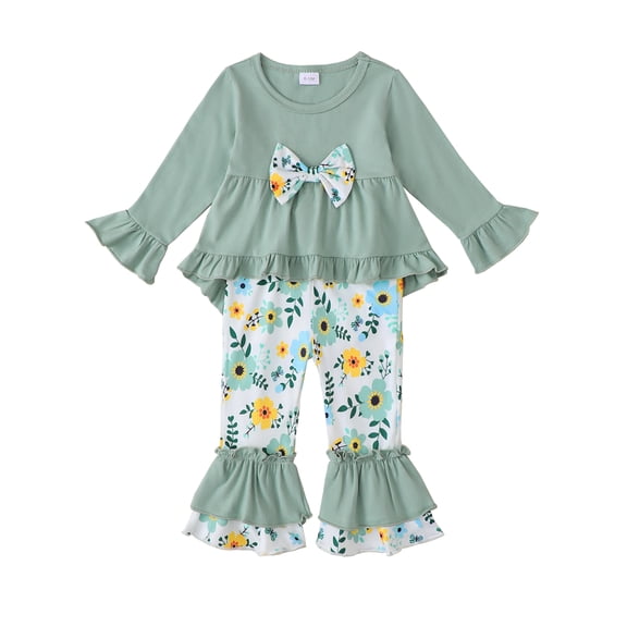 3T Baby Girls Clothes 4T Girls 2PCS Outfits Set Flower Print Toddler Girls Long Sleeve Top Pants Set Green