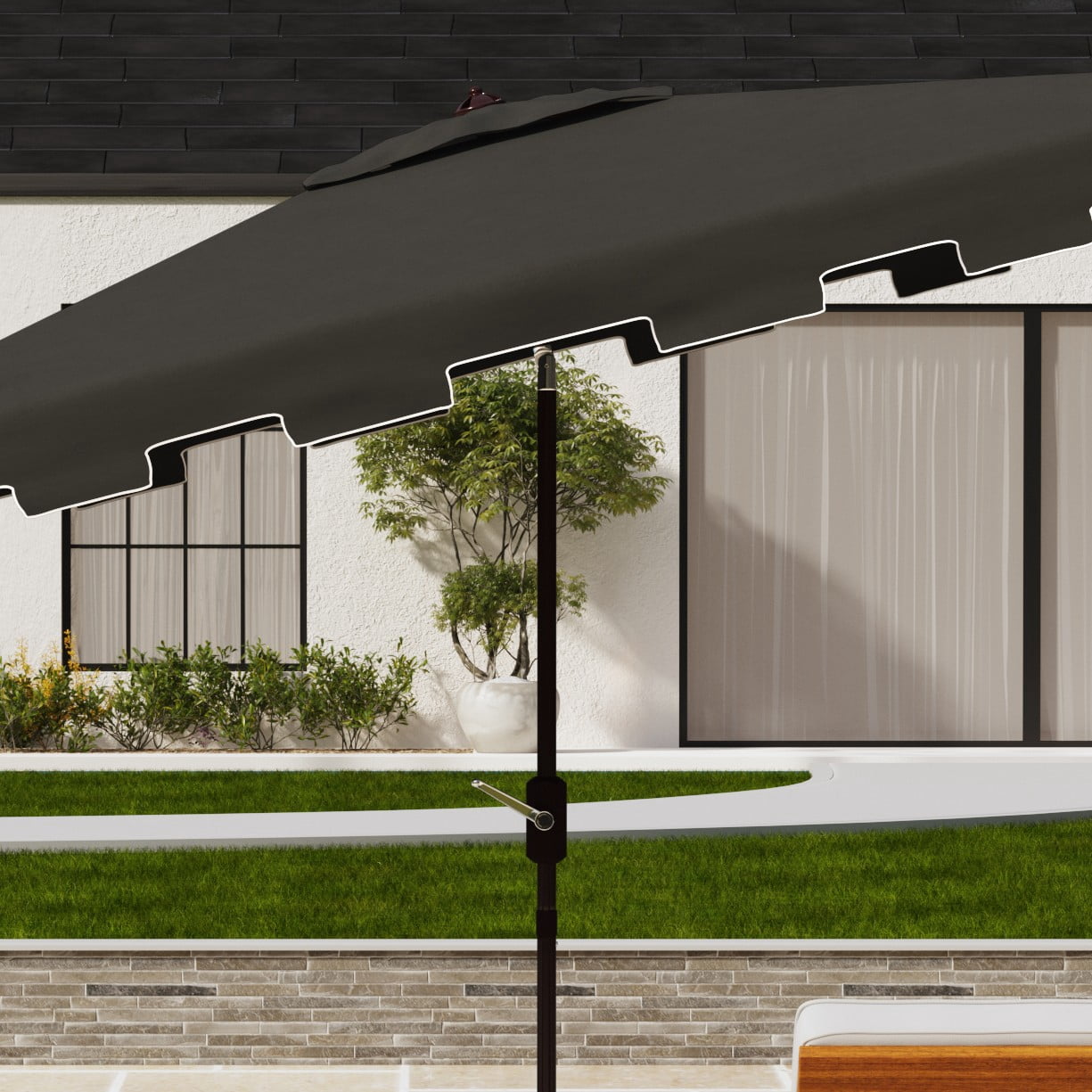 SAFAVIEH Zimmerman 6.5' X 10' Market Crank Patio Umbrella, Black/White