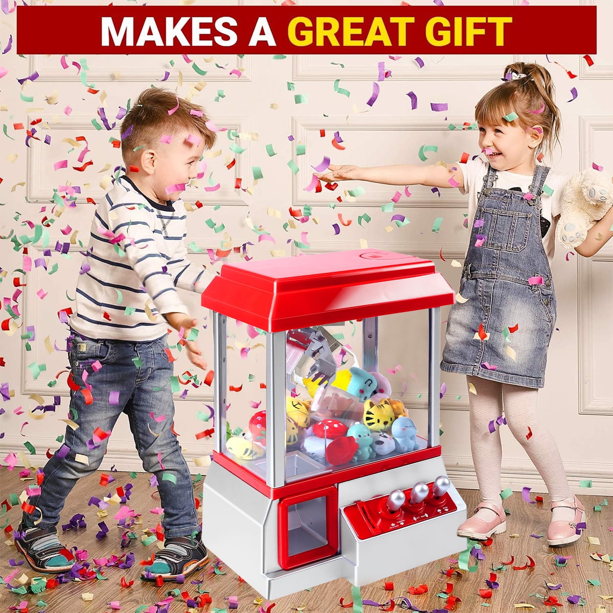 GLUAAE Claw Toy Grabber Machine with Sound, Kids Mini Candy Toy, Arcade Game Machine Prize Dispenser Vending Toy for Home Party Christmas Birthday Gifts Boys Girl Toys (Red)
