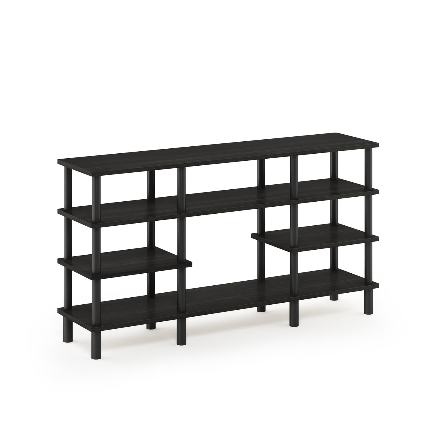 Maykoosh Beachy Boho Multipurpose Wide Shelf, Espresso/Black, 25.5"H X 47.2"W X 11.6"D, 4-Tier Open Display Rack For Decorative Storage And Tv Entertainment