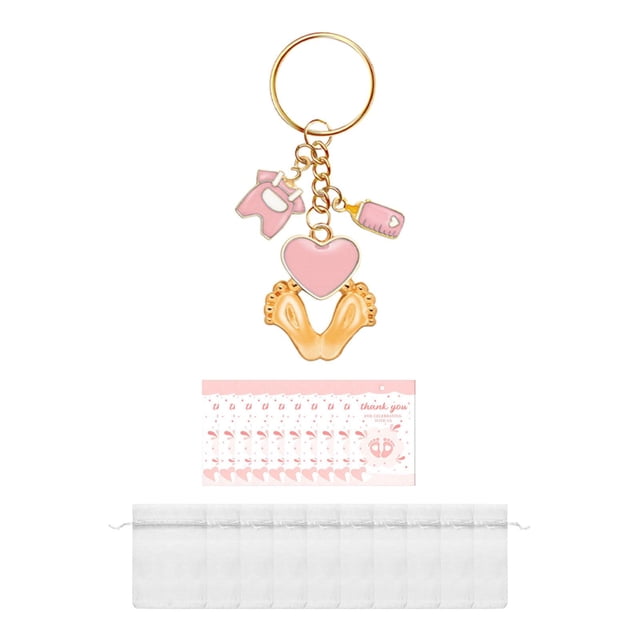 Favor de Baby Shower para Invitados Macarena Llavero con Bolsas de Dulces y Etiquetas de Agradecimiento Rosa
