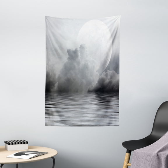 Moon Tapestry, Misty Air in the Ocean Monochrome Picture with Full Moon Natural Imagery, Wall Hanging for Bedroom Living Room Dorm Decor, 40W X 60L Inches, Black Pale Grey White, by Ambesonne