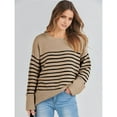 thumbnail image 6 of Women's Oversized Long Sleeve Fuzzy Knit Casual Chunky Pullover Sweater Fall Outfits Clothes Camel Black Stripe M, 6 of 8