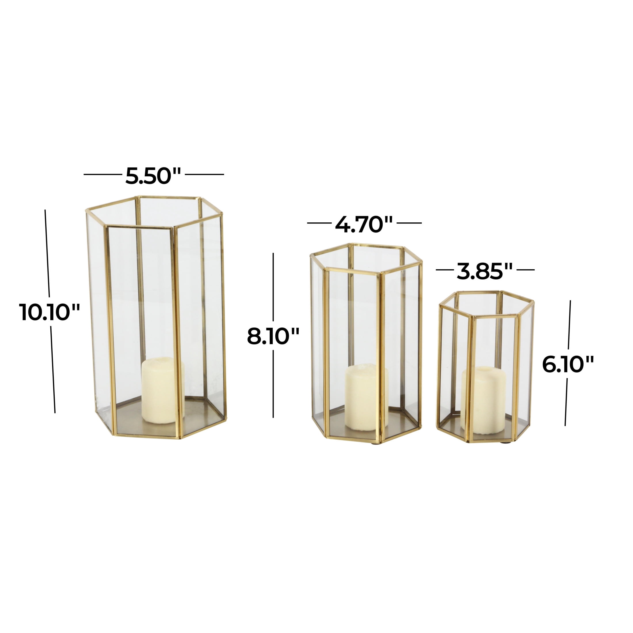 Cosmoliving by Cosmopolitan  Set of 3, 6", 8", 10"H Modern Glass Candle Holder/Lantern with Hexagon Silhouette, Metallic Gold Rims and Transparent Glass Panels