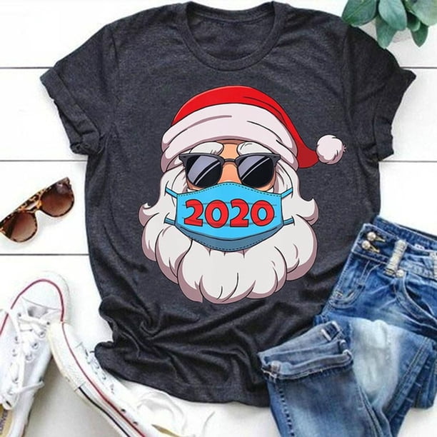 Puntoco Mujeres Moda Casual Manga corta Cuello redondo Impreso Feliz Navidad Camisa de algodón tops Puntoco Puntoco-4379