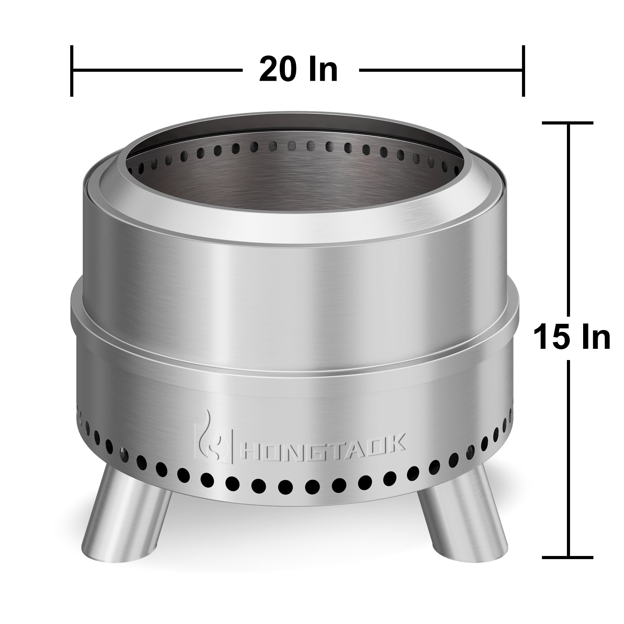 Hongtaok 20 inch Portable Smokeless Fire Pit Outdoor, Stainless Steel, Waterproof Cover and Poker Removable Ash Pan Included.