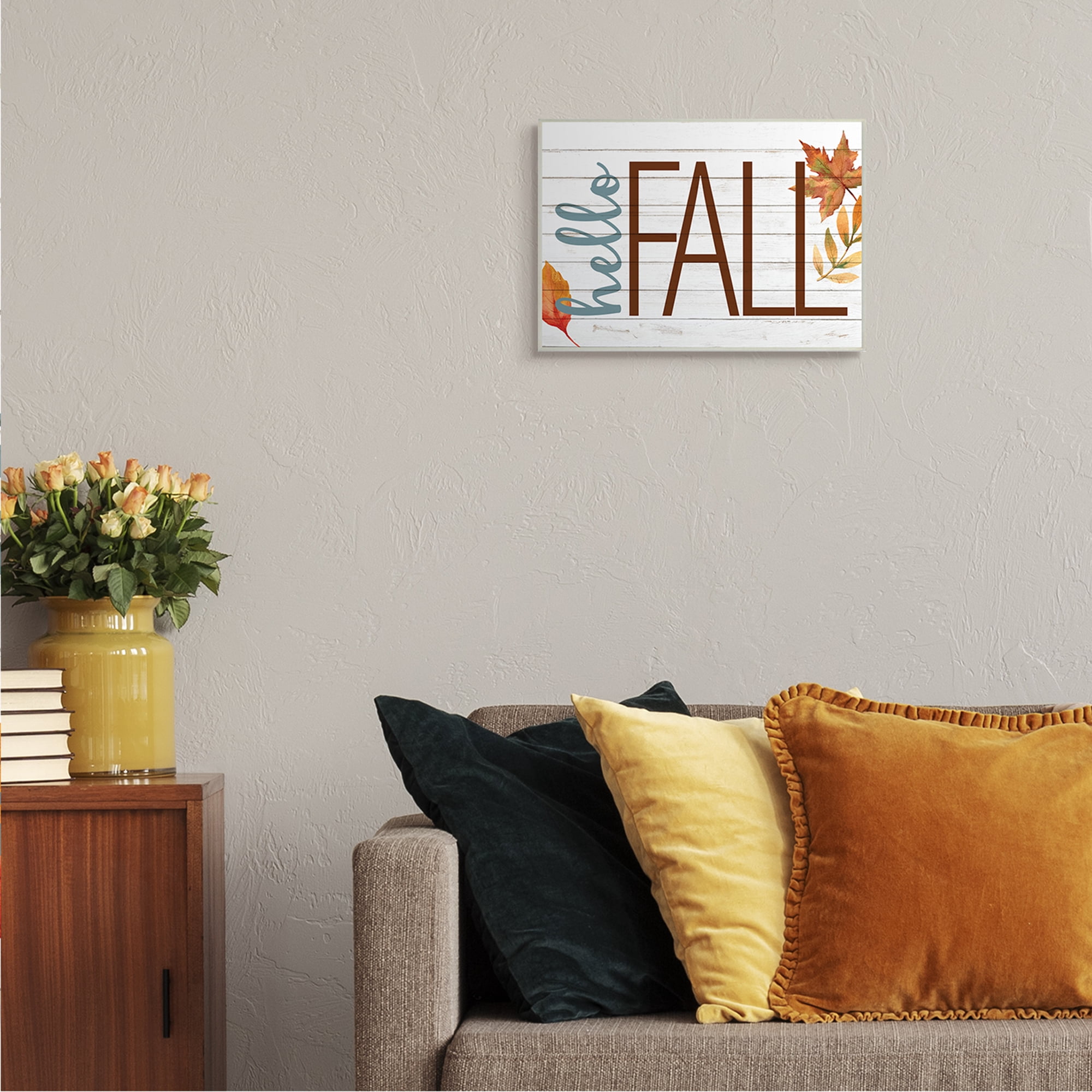 Stupell Industries Hello Fall Planked Look Autumn Foliage Holiday Painting Unframed Art Print Wall Art, 10 x 15